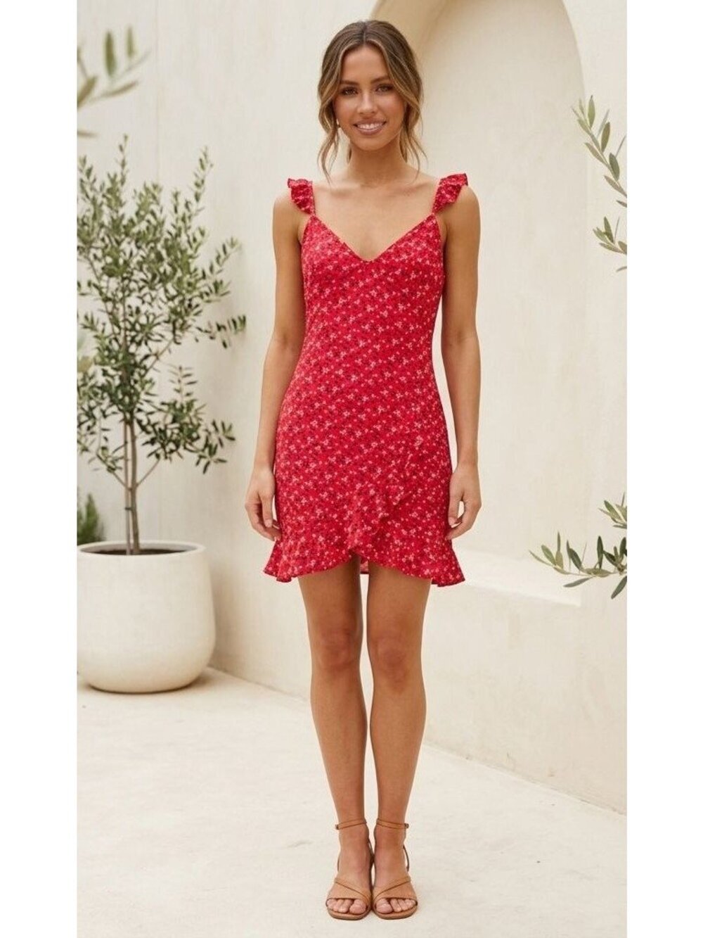 Women's - Showpo Red Floral Ruffled Dress, Size 2